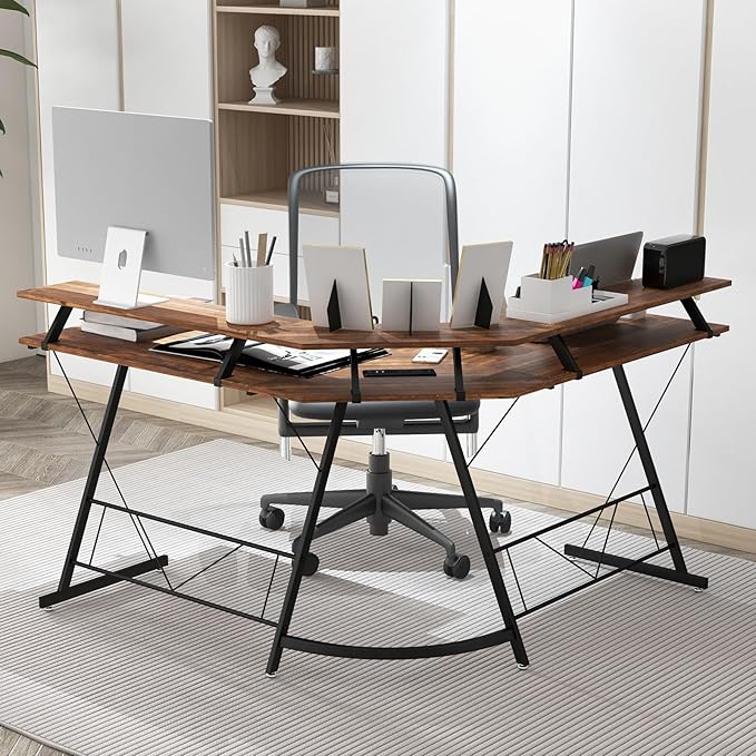 Giantex L Shaped Computer Desk with Power Outlet 51 Corner Computer Desk with Monitor Stand and Reversible Keyboard Tray Modern Gaming Desk with Hook Home Office Desk Workstation (Rustic Brown)
