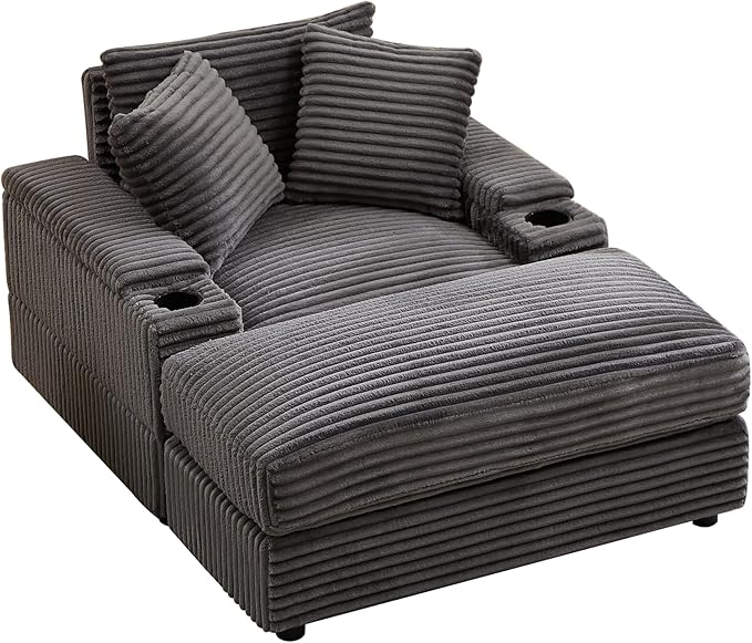 Corduroy Upholstered Chaise Lounge Sofa with Movable Ottoman and Cupholders43.3 w Oversized Singel Chair Convertible Sleeper Sofabed with Detachable Cushions Deep Seat for Living Room Office