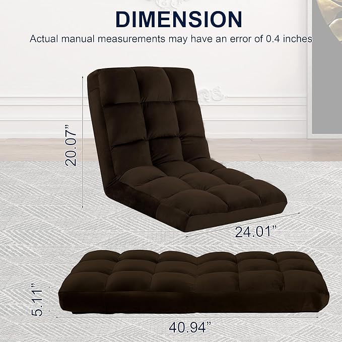 Floor Chair 24 inches Wide Oversized Velvet Armless Lay Flat Floor seat Padded Meditation Chair with 6 Adjustable Position Ergonomic Comfortable Convenient(LRSF-015-BROWN)