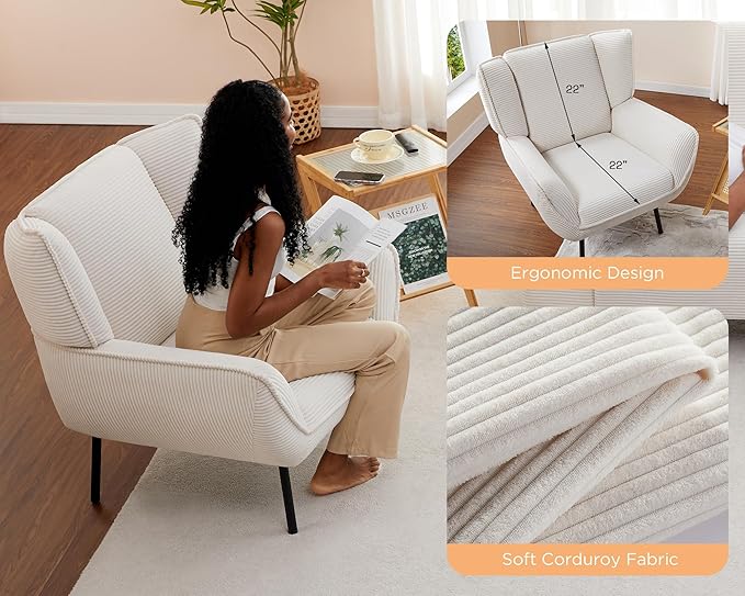 AMERLIFE Accent Chair Set- Upholstered Living Room Chair with High Wingback White Reading Armchair for Meeting Room Comfy Corduroy Chair Set of 3
