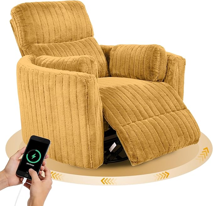 leovanni Power Swivel Rocker Recliner Chair USB Ports Electric Nursing Reclining Chairs Chenille Upholstered Nursery Glider Rocking Chair with 2 Pillows for Bedroom Living Room Yellow