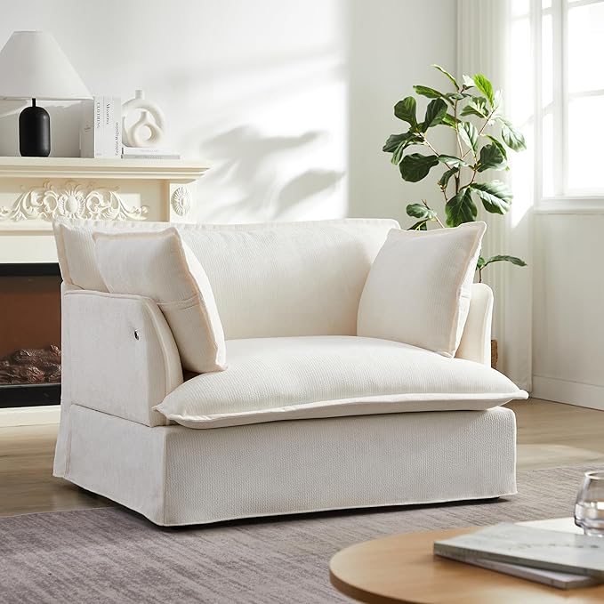 47.2 Oversized Accent Chair with Dual-Port Charging Modern Design Base&ampArmrest Throw Pillows Deep and Wide Seat Cloud-Like Comfy Single Sofa Chenille Armchair for Living Room&ampApartment