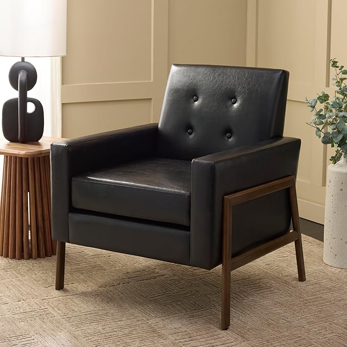 SAFAVIEH Home Collection - Roald Accent Chair Black Faux Leather Tufted Seat &amp Antique Brown Solid Wood Frame (ACH6209D)