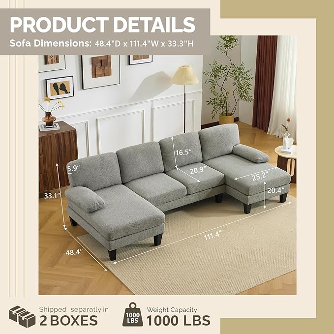 VINGLI 110' U-Shaped Sectional Couch with Two Chaise Affordable Small Sofa with 4 Seats Chenille Fabric Comfy Couches for Living Room Blue