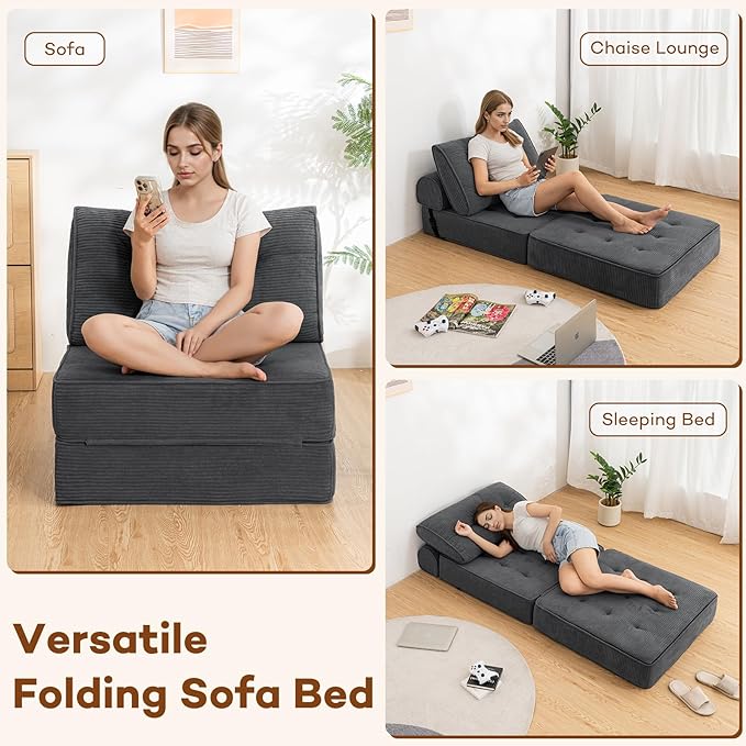 HOMMPA Folding Sofa Bed Convertible Sleeper Chair with Pillow Foldable Mattress with Back Support Portable Fold Out Sleeper Sofa Bed Floor Lounge Sofa for Living Room Home Office Single Size Dark Gray