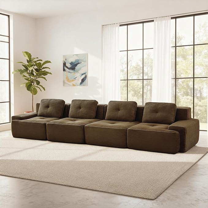 Casaphoria 150'' Brown Corduroy Cloud Couch 4-Seater Boneless Sectional Sofa with 4 Pillows for Living Room Deep Seat Sofa No Assembly Required