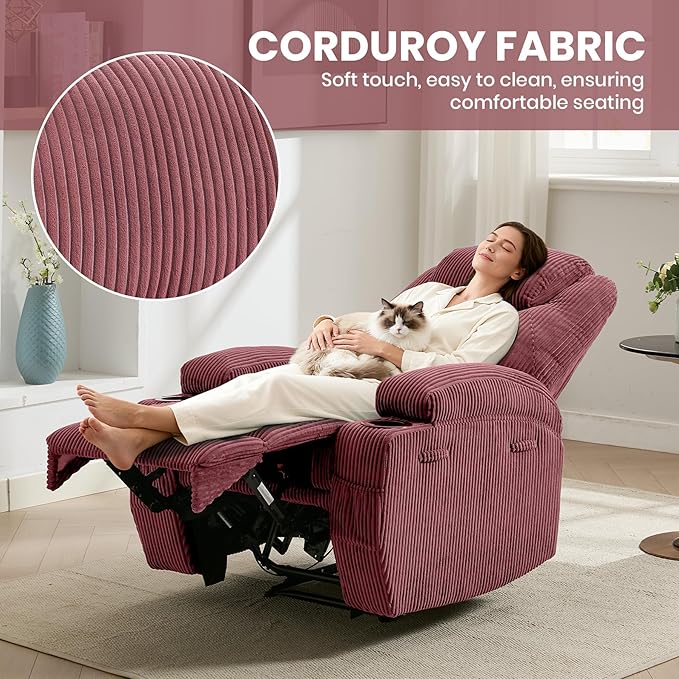 Manual Recliner Chair with Massage and Heat for Adults Pink Recliner with Cushioned Armrests and Backrest Headrest and Dual Cup Holders for Living Room or Bedroom Pink