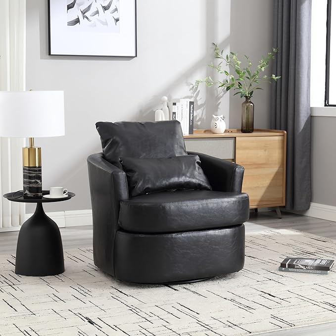 Swivel Barrel Chair Comfy Round Accent Sofa Chair for Living Room 360 Degree Swivel Barrel Club Chair Leisure Arm Chair for Nursery Hotel Bedroom Office Lounge (Black PU)