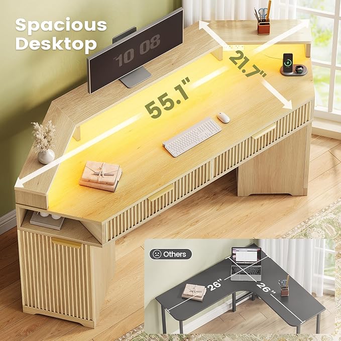 SEDETA Computer Desk with 2 Drawers Small Diamond Office Desk with Storage Cabinet for Small Space Gaming Desk with LED Lights &amp Power Strip for Home Office Oak