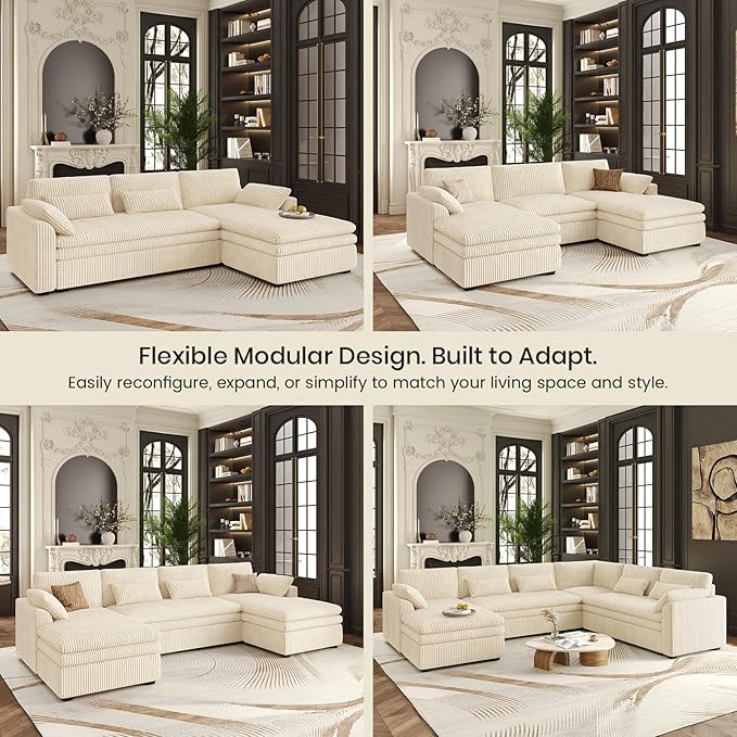 Belffin Chaise Module for Large Modular Sectional Sofa Upholstered Right-Facing Chaise Part for Plush Corduroy Sectional Couches for Living Room Apartment Beige