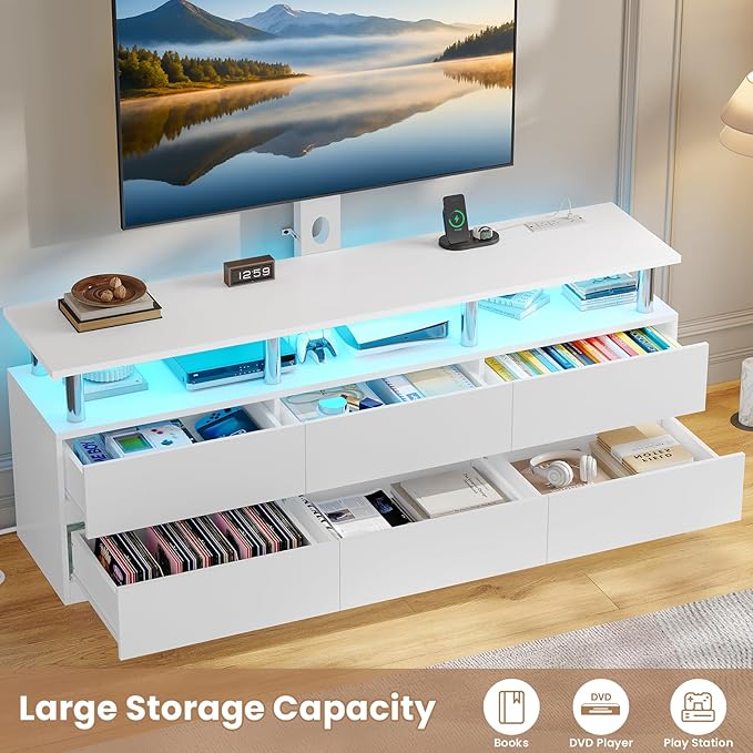 ADORNEVE TV Stand with Mount and Power Outlet TV Mount for 32/45/55/60/65/70 inch TVs Modern LED TV Stand with 6 DrawersWhite Entertainment Center for Living RoomBedroom