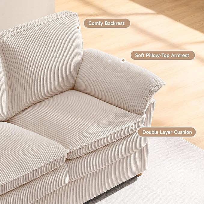 ONBRILL 86.6 Corduroy Couches for Living Room Comfy 3 Seater Sofa with Pillow-Top Armrest &amp Dual-Layer Cushions Mid Century Modern Couch for Bedroom Apartment Beige
