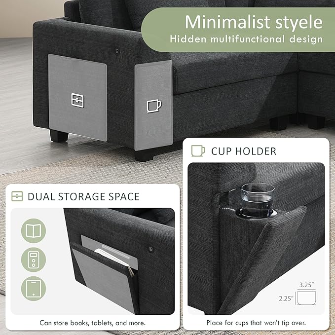 128*67 U Shaped Sectional Sofa 6 Seat Chenille Couch Set with Oversized Ottoman Hidden Armrest Storage and Cup Holders USB Charging Ports Wide Seat Sofa for Living Room Apartment Black