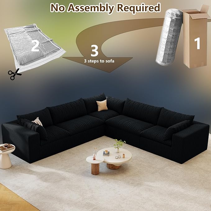 Modular Sectional Sofa Corduroy Plush L Shape Cloud Couch Modern Deep Seat Boneless Couches for Living Room Large Compression Sofas Luxury Fluffy Couchs Sectionals Black
