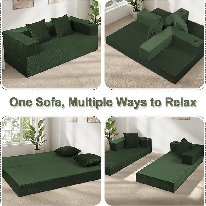 COMAX Queen Size Boneless Couch 79 Futon Sofa Bed Couches for Living Room 4 in 1 Convertible Sleeper Sofa Corduroy Couch Bed Foam in a Box Foldable Cloud Couch Floor Mattress Green