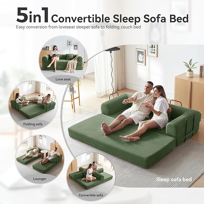 Convertible Floor Sofa Bed with Fixed-Shape Frame King Size Floor Sleeper 5-in-1 DIY Combination Modular Sofa Modular Chenille Folding Mattress Couch for Living Room Bedroom Playroom (Green)