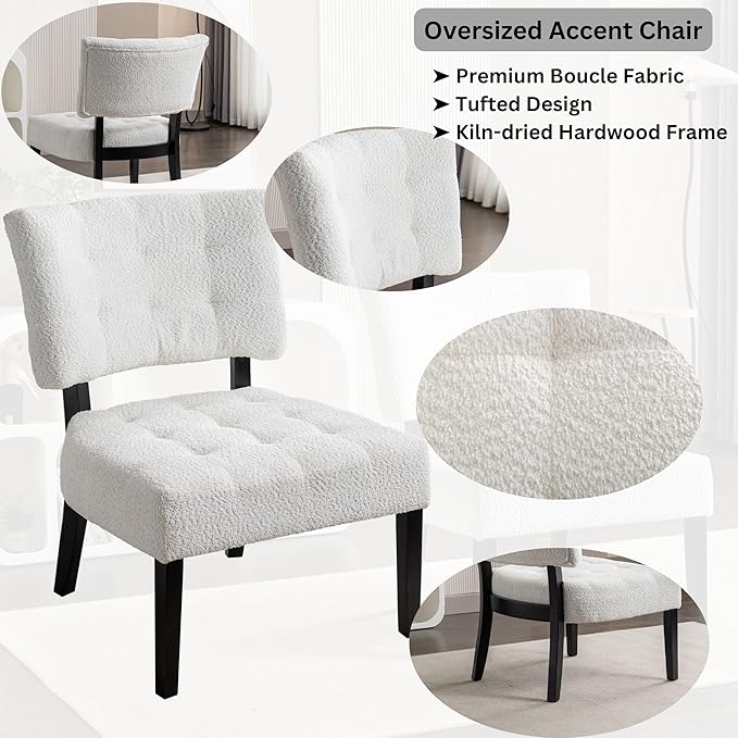 Roundhill Furniture Movile Boucle Tufted Accent Chair with Oversized Seating White