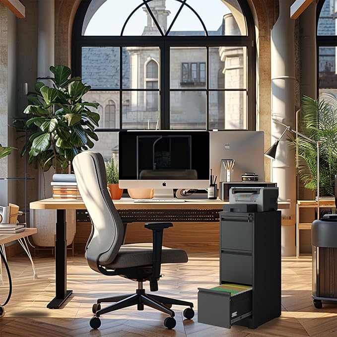 3 Drawer Metal Vertical File Cabinet with Lock Office Home Steel Vertical File Cabinet for A4 Legal/Letter Size (Black)
