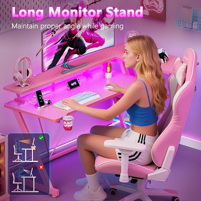 55 Inch Pink Gaming Desk with Power Outlet &amp LED Lights Corner Computer Desk with 3 Tiers Storage Shelves L Shaped Gaming Desk with Monitor Stand for Bedroom