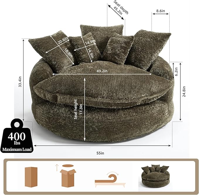 55 inch Oversized Round Chair Fluffy Chenille Boneless Sofa with Extra Deep Seat for Living Room Lounge (Olive Green)