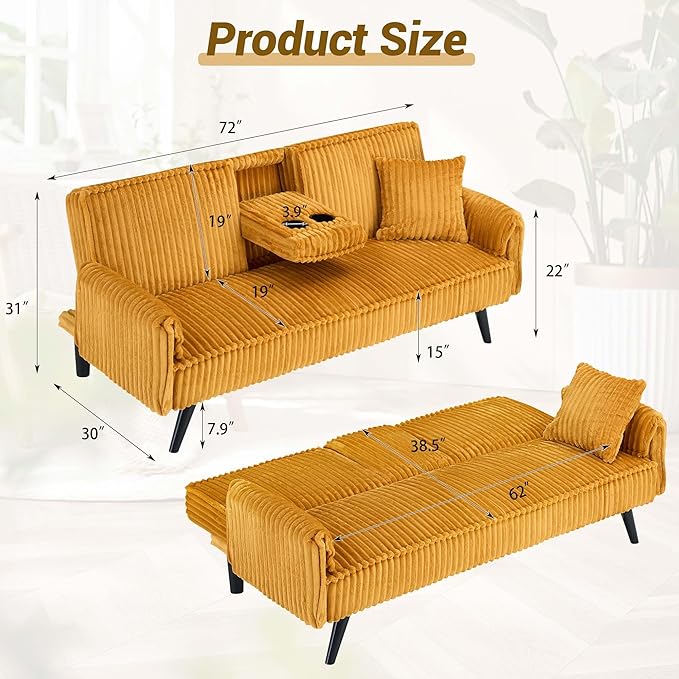 72 Modern Corduroy Sofa Bed FutonConvertible Sleeper Couch Bed with Cup Holder4 Reclining PositionsFolding Sofa Cloud Loveseat for Small Living Room Apartment Office (Orange-New)