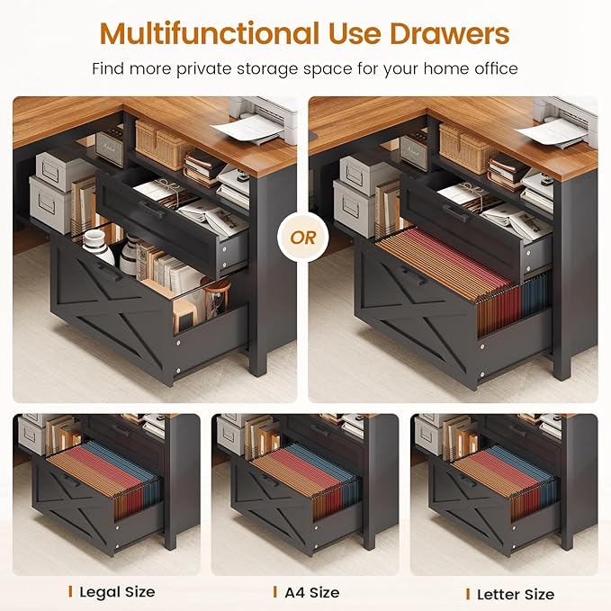 SEDETA L Shaped Gaming Desk with Drawers 55 Farmhouse Computer Desk with File Drawer and Storage Shelves Corner Gaming Desk with LED Lights and Monitor Shelf Black and Brown