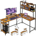 DEVAISE L Shaped Gaming Desk with Hutch Reversible Computer Desk with LED Light 3-Tier Shelves 2 AC+2 USB Outlet and Monitor Stand Corner Desk with Storage for Home Office (Rustic Brown 66 Inch)