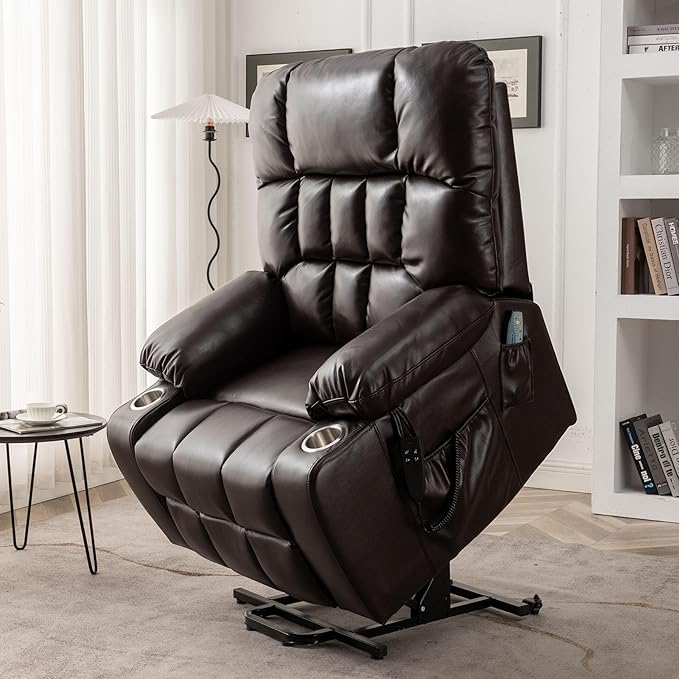 Oversized Power Recliner Chair for Big and Tall 400 LBS 25.5 Extra Wide Electric Lift Chair with Heat and Massage Dual Motor 180° Lay Flat Recliner Living Room Sofa PU Leather Big Recliner