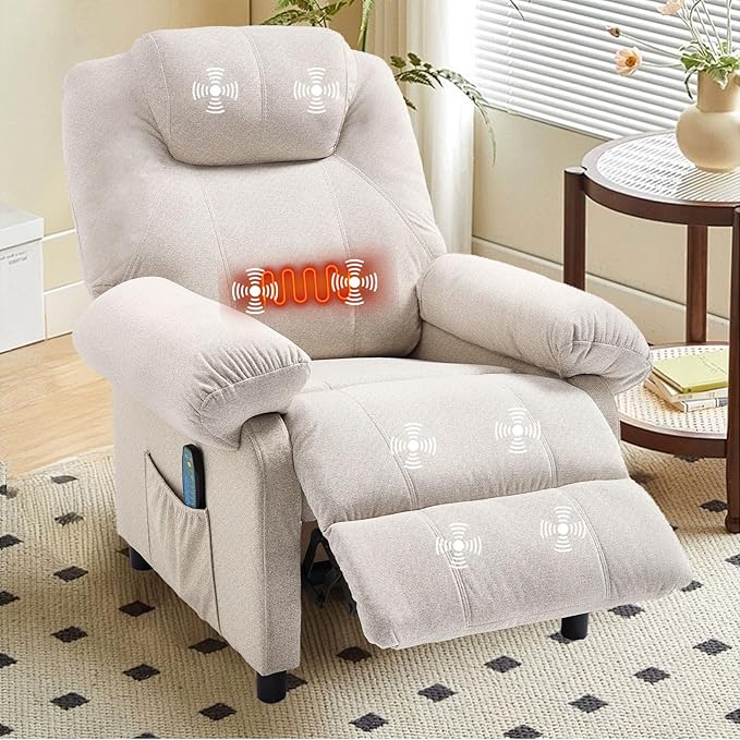 KCREAM Recliner Chair with Massage and Heat Mid Century Overstuffed Manual Reclining Chair Heated Massaging Recliner Chair for Small Places White