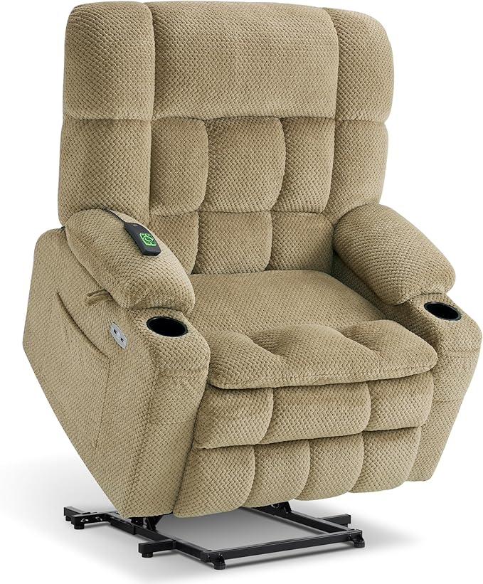 MCombo Dual Motor Power Lift Recliner Chair for Elderly Lay Flat Lift Chair with Heat and Massage Extra Wide Lift Recliner for Big People Cup Holders Fabric R7897 (Medium-Wide Beige)