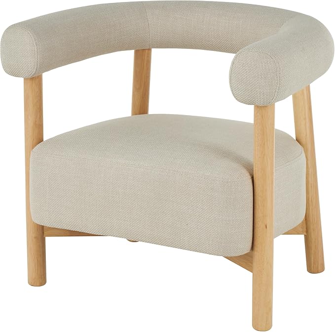 Deco 79 Polyester Living Room Accent Chair Curved Back Mid Century Modern Round Boucle Side Chair with Light Brown Wood Frame Corner Chair 32 x 24 x 28 Beige