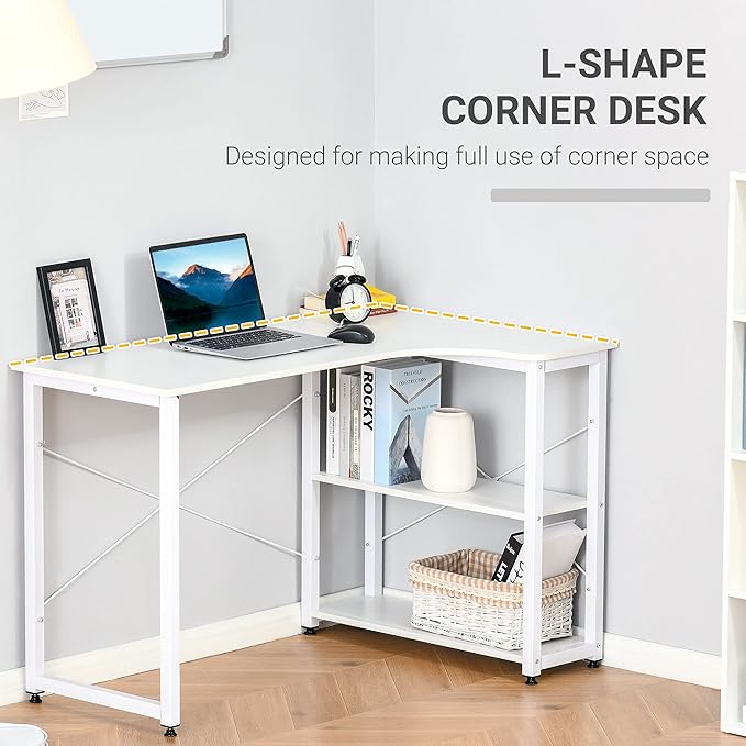 Industrial L Shaped Computer Desk with 2 Side Shelves and Steel e Corner Desk Study Workstation for Home Office White