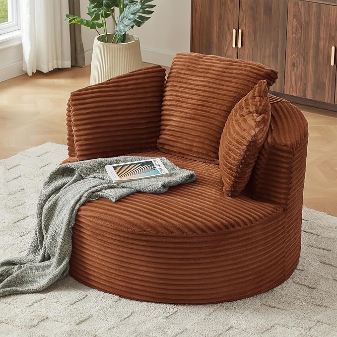Round Chair Lounge Chaise Indoor 48.8 Oversized Sofa Chair Upholstered Corduroy Deep Seat Sleeper Sofa Bed No Assembly Required for Living Room Bedroom Apartment Orange
