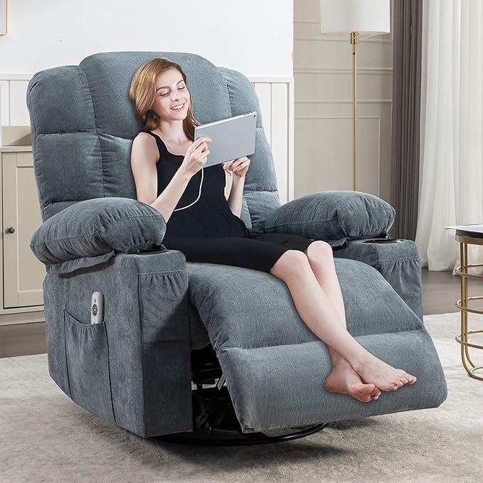 360 Swivel Massage Boy Recliner Chair with 2 Cup Holders Heated &amp Massage Function Adjustable Backrest USB Port &amp 2 Side Pockets for Adults (Blue)