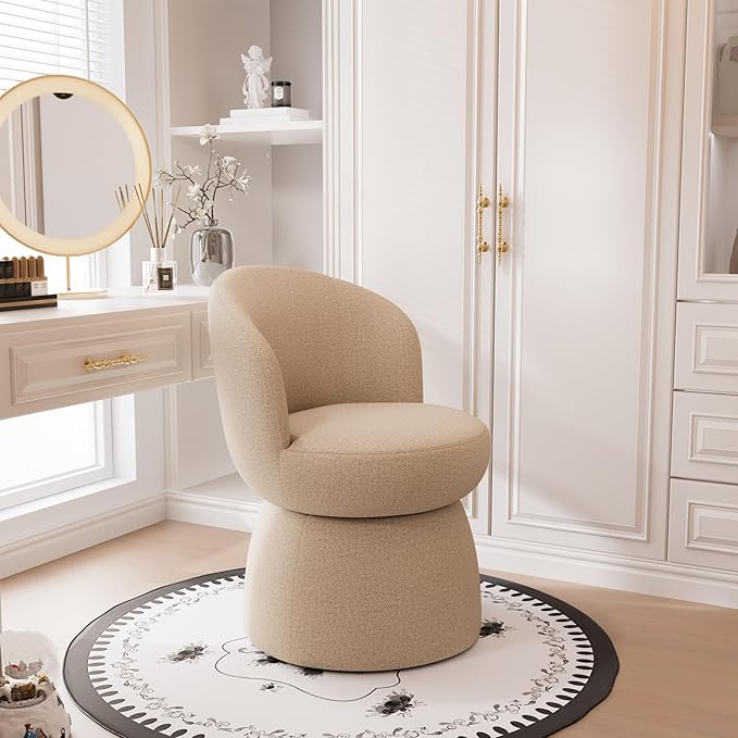 Rowill 360 Degree Swivel Vanity Chair Barrel Textured Accent Chair with Boucle Fabric Modern Khaki Accent Chairs for Living Room Dressing Room Reading Nook