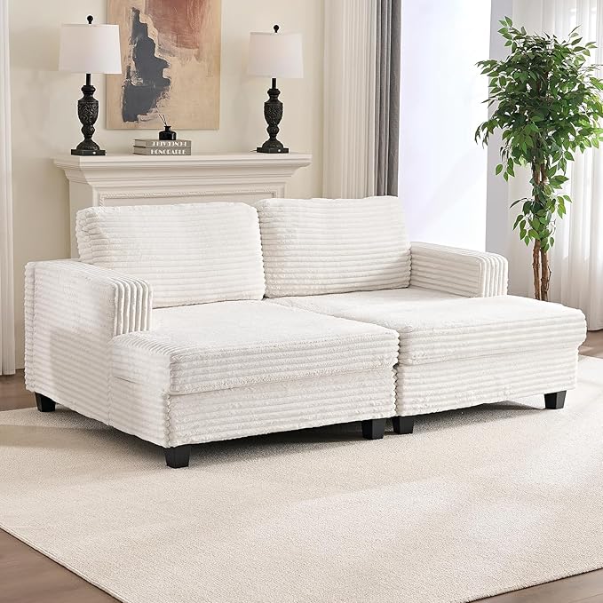 Mjkone 120 W Oversized Deep Seat Sofa Upholstered Corduroy 3 Seat Sofa Modular Sectional Couch with Wooden Frame Modern Sleeper Sofa Bed for Living Room Office Beige