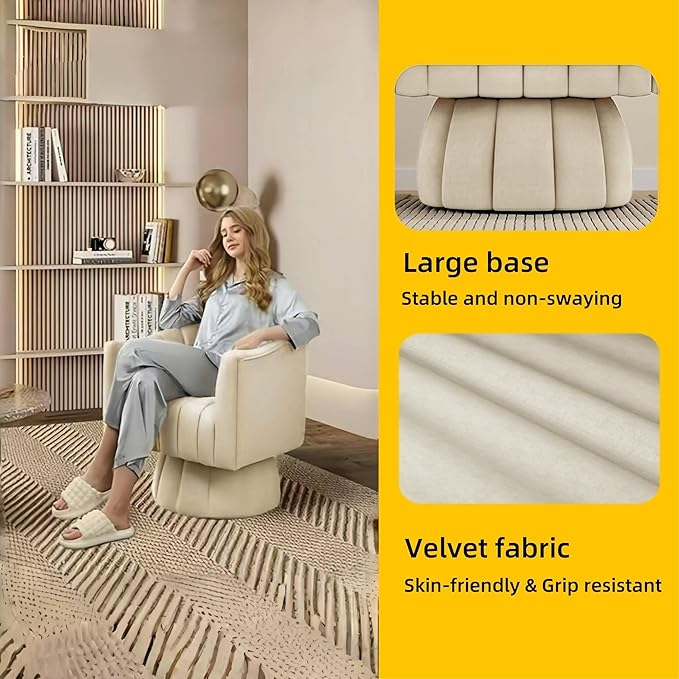 Modern Swivel Accent Chair Velvet Corner Chair Comfy Round Barrel Chair Cozy Armchair for Living Room Bedroom Office Spaces - Beige