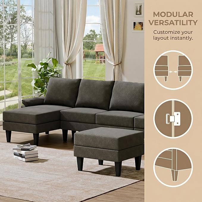 4-Seat U-Shaped Modular Sofa with Double Storage Ottoman - Space-Saving Convertible Lounge Couch for Home &amp Office Brown Grey