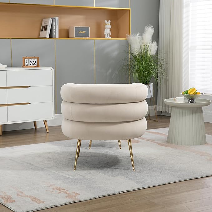 Velvet Oversized Armchair Accent Chair with Ottoman Mid-Century Modern Living Room Chairs Single Sofa Chair with Metal Legs Upholstered Tufted Reading Chairs for Bedroom Office (Beige)