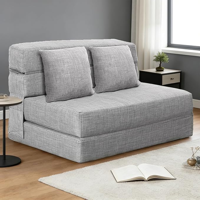 ANONER 60 Folding Sleeper Chair Sofa Bed Lazy Couch with 2 Pillows Queen Size Memory Foam Washable Cover Light Gray