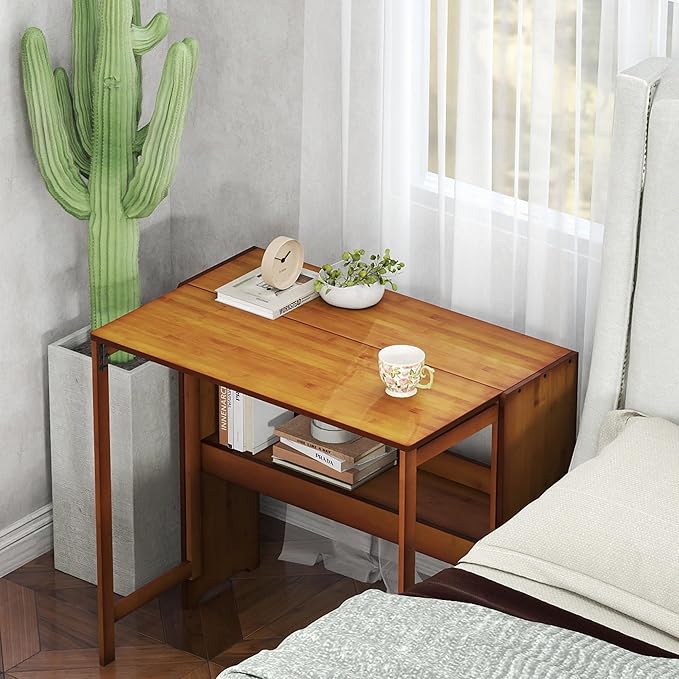 Wood Foldable DeskSpace Saving Foldable Table Bamboo Folding Desk Study Table with Bookshelf for Office Home Study Bedroom