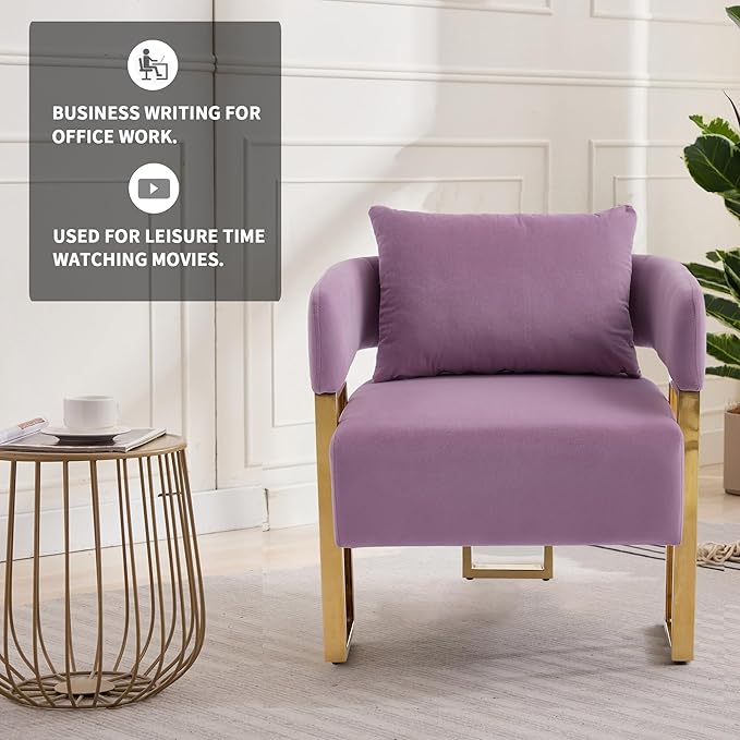 YITAI Modern Accent Chairs no Wheels Living Room Side Chairs with Golden Metal Legs Barrel Soft Velvet Upholstered Reading Armchairs for OfficeStudyReception RoomBedroomLoungePurple Set of 2