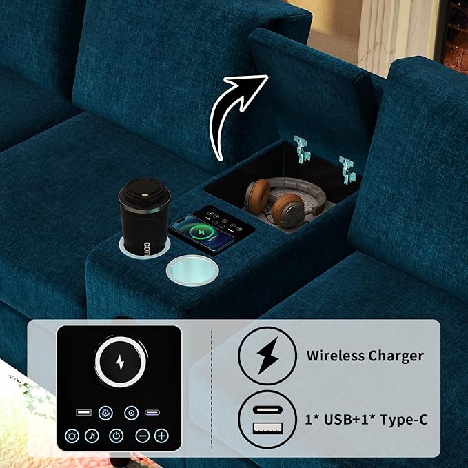 Sectional Couches for Living Room 6 Seat Sectional Sofa Smart Module-Bluetooth Speaker/RGB Light/Charging Station Chenille U Shaped Couch with 2 Movable Storage Ottomans (Blue)