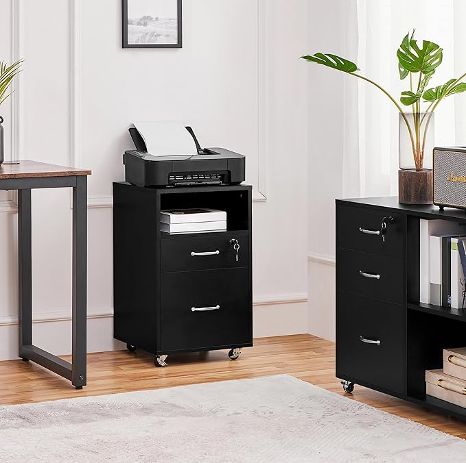 Topeakmart File Cabinet Movable Vertical Filing Cabinet with 2-Drawer and 1-Open Shelf Mobile Letter File Storage Oragnizer Lateral File Srorage on Wheels for A4/ Legal/Letter Black
