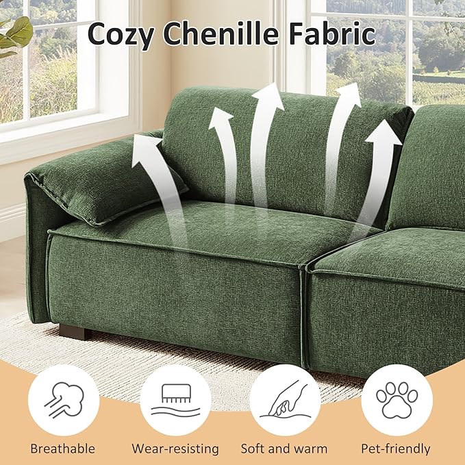 VANOMi 92.9 Sofa Couch for Living Room Modern Comfy 3-Seater Cloud Sofas Chenille Small Couches for Small Spaces Upholstered Deep Seat Couch for Bedroom Apartment (Green)