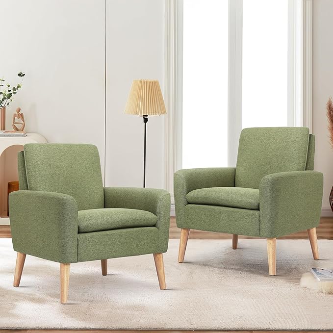Lohoms Accent Chair Set of 2 Living Room Mid-Century Modern Chair Upholstered Fabric Comfy Club Armchair Pair of Leisure Sofa Chairs for Bedroom Small Apartment Office Green