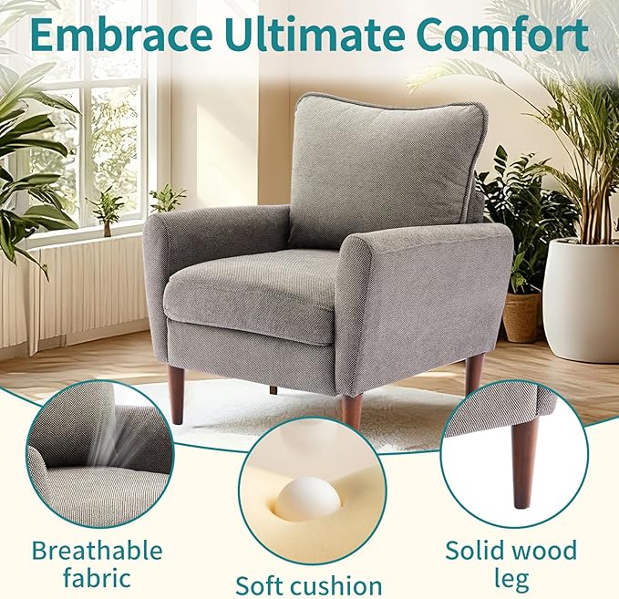 OLIXIS Comfy Accent Chair for Living Room Bedroom and Waiting Room Upholstered Mid-Century Reading Chair with Pillow and Solid Wood Legs Wide Singe Modern Lounge Sofa (Gray 2 Pack)