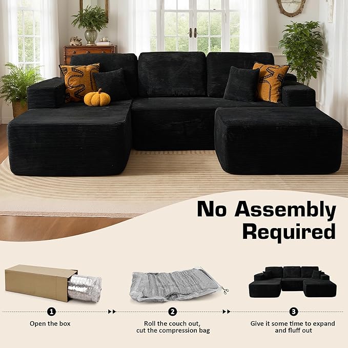 106 Cloud Sectional Couch with L-Shape Chaise &amp Ottoman No Assembly Modular Sofa Deep Seat Corduroy Boneless Couched for Living Room (Black Stripe Corduroy L Shape with Ottoman-Left Facing)