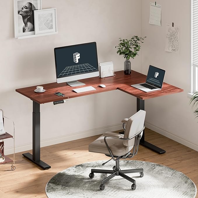 FLEXISPOT 63 inch L-Shaped Standing Desk Electric Height Adjustable Desk Sit Stand Large Corner Desk Memory Preset Controller Modern Design Black Frame + Mahogany Top