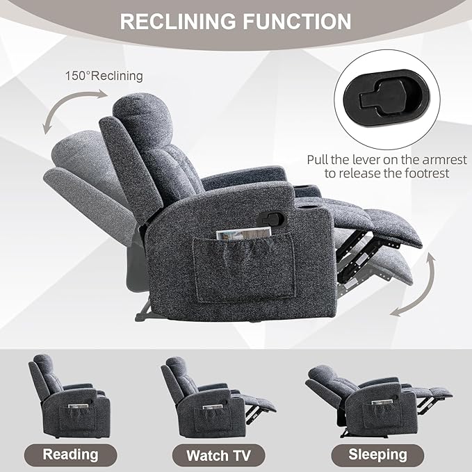 2PCS Fabric Manual Recliner Chair for Adults Comfy Reclining Chairs with Overstuffed Arm and Back Single Sofa for Living Room (2 Dark Grey)